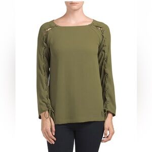 Greylin Anthropologie Lace-Up Long Sleeve Detail Top Blouse Olive Green Mediums